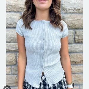Light Gray Ribbed Button-Down Short Sleeve Top
